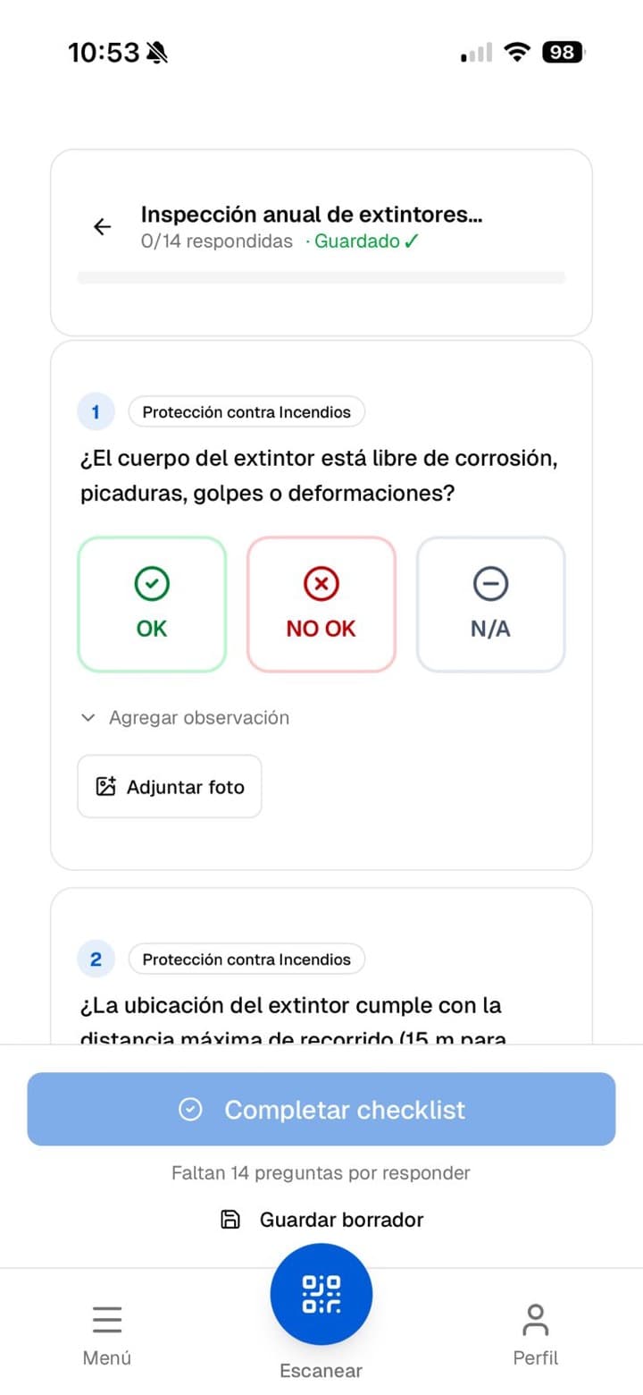 Ejecución de un checklist de extintores desde el celular