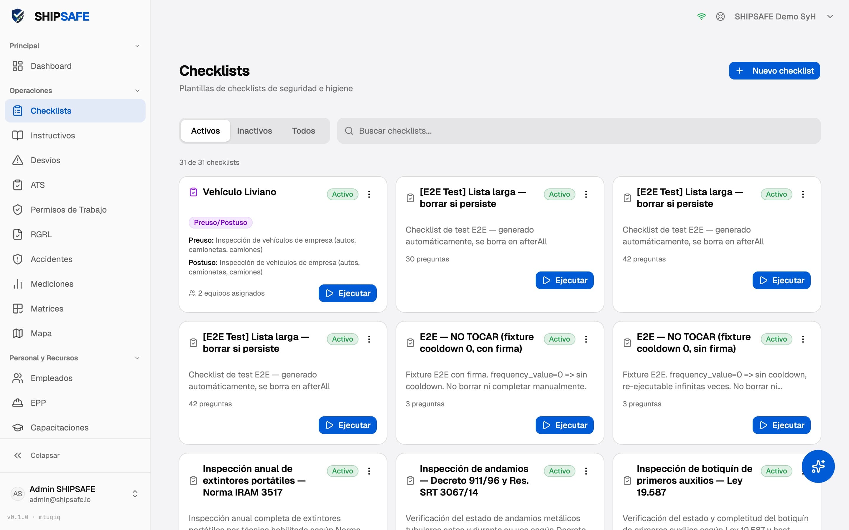 Listado de plantillas de checklist activas, cada una con su norma